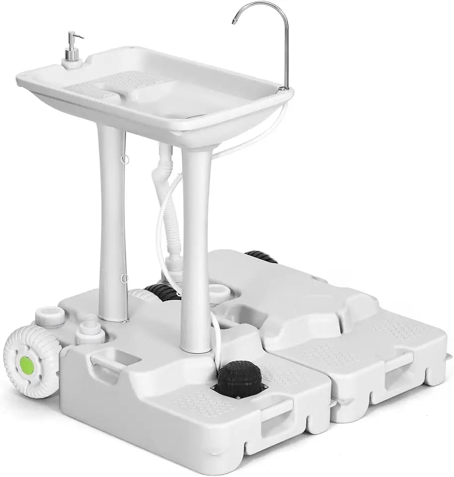 YITAHOME Portable Camping Sink, Handwashing Station with Adjustable Wash Basin, Soap Dispenser, Metal Handle, Large Wheels for Outdoor, Travel, Boat, Gather, Garden, Worksite, White