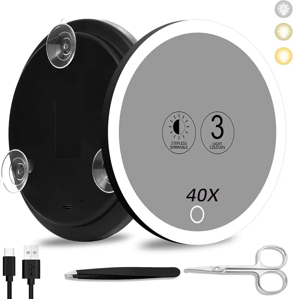 40x Magnifying Mirror with Light, 6inch Lighted Makeup Mirror with 3 Suction Cups, Travel Magnifying Mirror 40x with Light, High Magnification Makeup Mirror with Tweezers & Scissors Sets