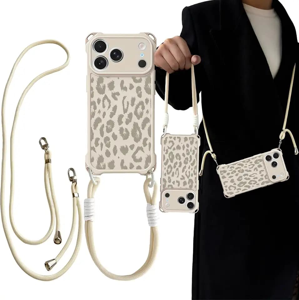 Handykette für iPhone 17 Pro/18 Pro Hülle mit Band, Necklace Handyhülle, Aesthetic Leopard Muster Mädchen Design Weich TPU Bumper Silikon Case Schutzhülle mit Demontage Halskette, Beige