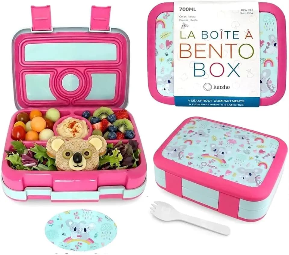 kinsho Bento Lunch Box for Kids Toddlers Girls, 4 Portion Sections Secure Lid, Microwave Safe BPA Free Removable Tray, Pre-School Kid Daycare Lunches Snack Container Ages 3 to 5, Pink Koala