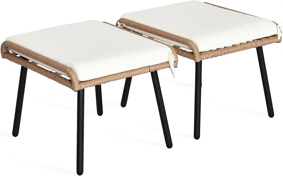 YITAHOME 2-Piece Outdoor Wicker Ottoman, All-Weather Patio Rattan Foot Rest with Cushions - Beige