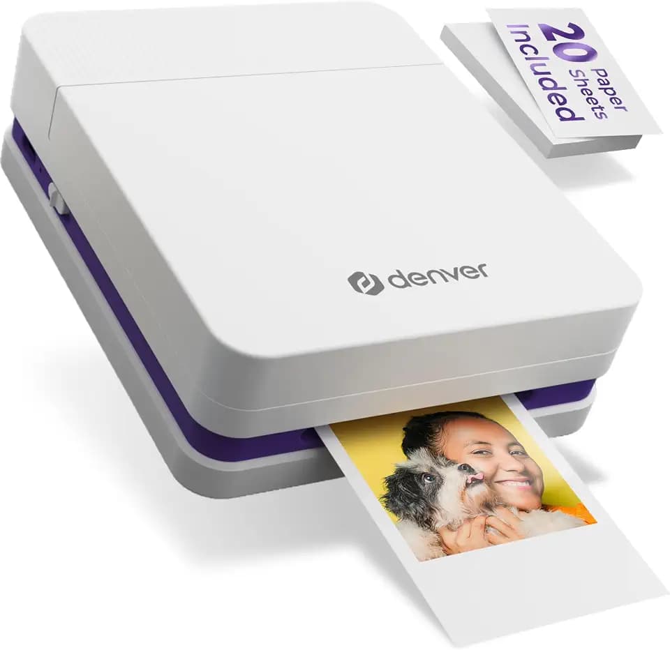 Denver MCP-6010 Mini Fotodrucker für Smartphone, mobiler Farbdrucker mit Bluetooth 5.2, 600 DPI, iOS & Android, tragbarer Fotodrucker mit Akku, inkl. Patrone & 20 Blatt Fotopapier Set