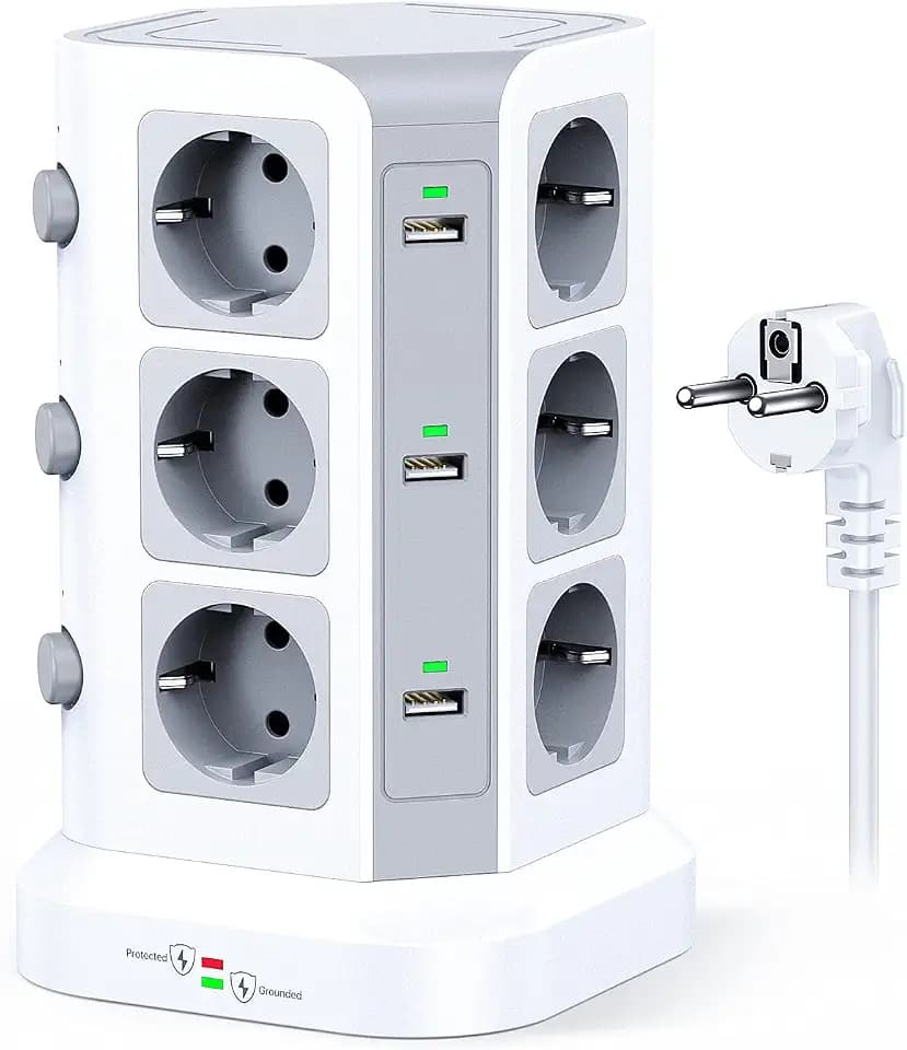 KOOSLA 12 Fach Steckdosenleiste (4000W/16A), 6 USB Mehrfachsteckdose mit Überspannungsschutz, einzeln schaltbarer Steckdosenturm für Büro Küche Tisch, 2M Kabel, Weiß