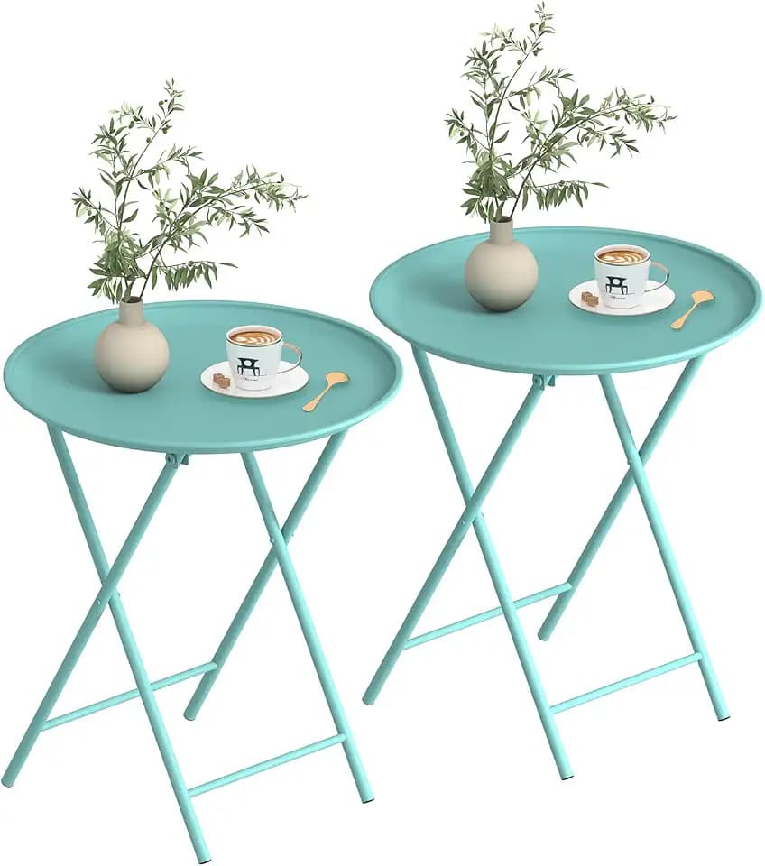 Garden 4 you Folding TV Tray Table, Metal Round Side Table, Green Dinner Table with Metal Frame, Modern Outdoor Tray Table for Living Room, Bedroom, Patio & Small Spaces, 2 Packs