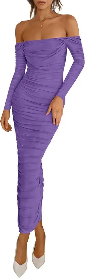 PRETTYGARDEN Womens 2026 Fall Long Sleeve Maxi Dress Off Shoulder Mesh Ruched Bodycon Trendy Long Wedding Guest Dresses