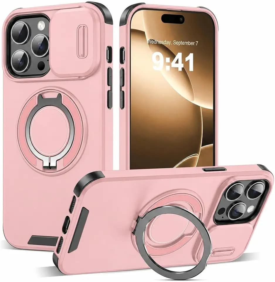 for iPhone 15 Pro Max Case,Pink,Slide Camera Cover,Kickstand