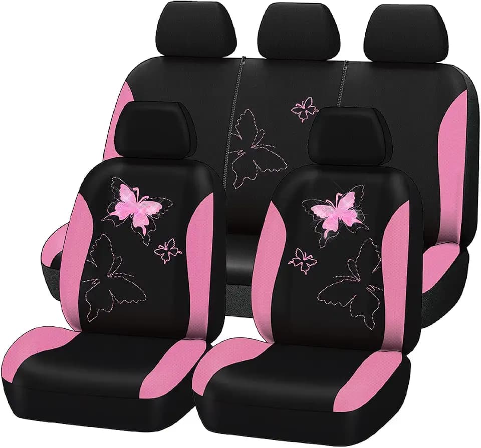 Flying Banner Maschen Schmetterling Universal für Auto Sitzbezüge Seitenairbags Kompatibel(Komplettset-Spitze, Rosa)