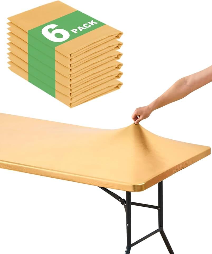 Fitted Tablecloth Rectangle Table Cloths with Elastic, 6 ft, Gold, 6 Pack