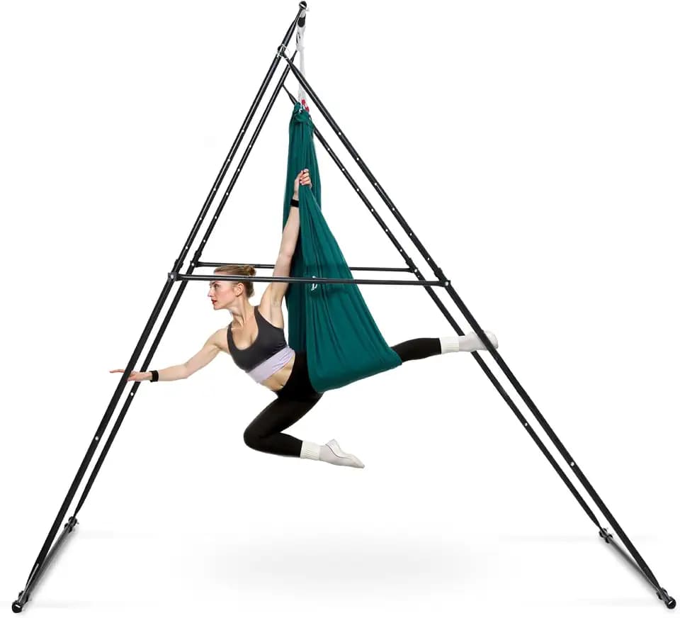 VEVOR Yoga Stand Frame, 9.6 ft Aerial Silk Swing Stand, Max 551.2 lbs Load Capacity, Triangular Structure with Non-Slip Base & EVA Foam, 4-Level Horizontal & 6-Level Vertical Adjustment, Detachable Frame with 6.6-Yard Yoga Hammock,Silver/Black