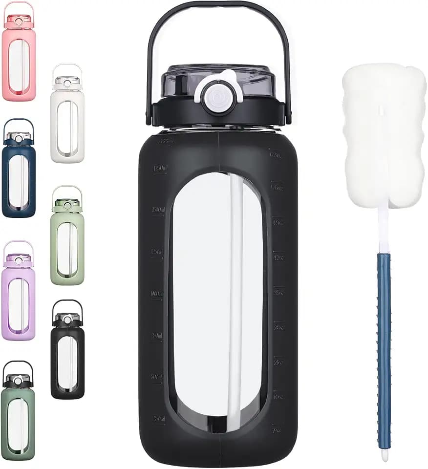 BLUEGO 64oz Glass Water Bottles with Straw Time Marker Half Gallon Large Motivational Water Bottle with Silicone Sleeve 2 Liter Large Glass Water Jug Daily, Black