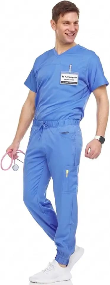 Medichic Men's Workwear Stretch V-Neck Scrub Joggers Set with Seven-Pocket Pants, Available in 6+ Colors