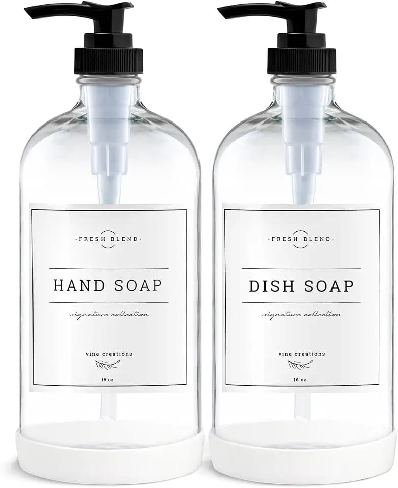Vine Creations Clear Glass Soap Dispenser, 2 Pack Kitchen Soap Dispenser Set with Rustproof Pump, 16 oz Dish Soap and Hand Soap Dispensers for Bathroom with Waterproof Labels