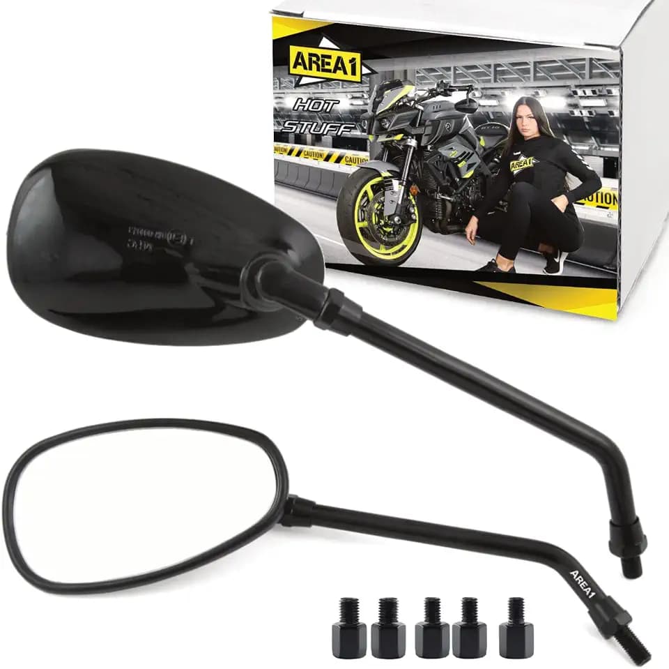 Area1 Universal Motorrad Rückspiegel Paar e-geprüft 2xM10 Rechtsgewinde + 5Adapter, Spiegel kompatibel mit Vintage Custom Chopper Retro Naked-Bikes Scrambler Streetfighter Cafe-Racer (oval/schwarz)