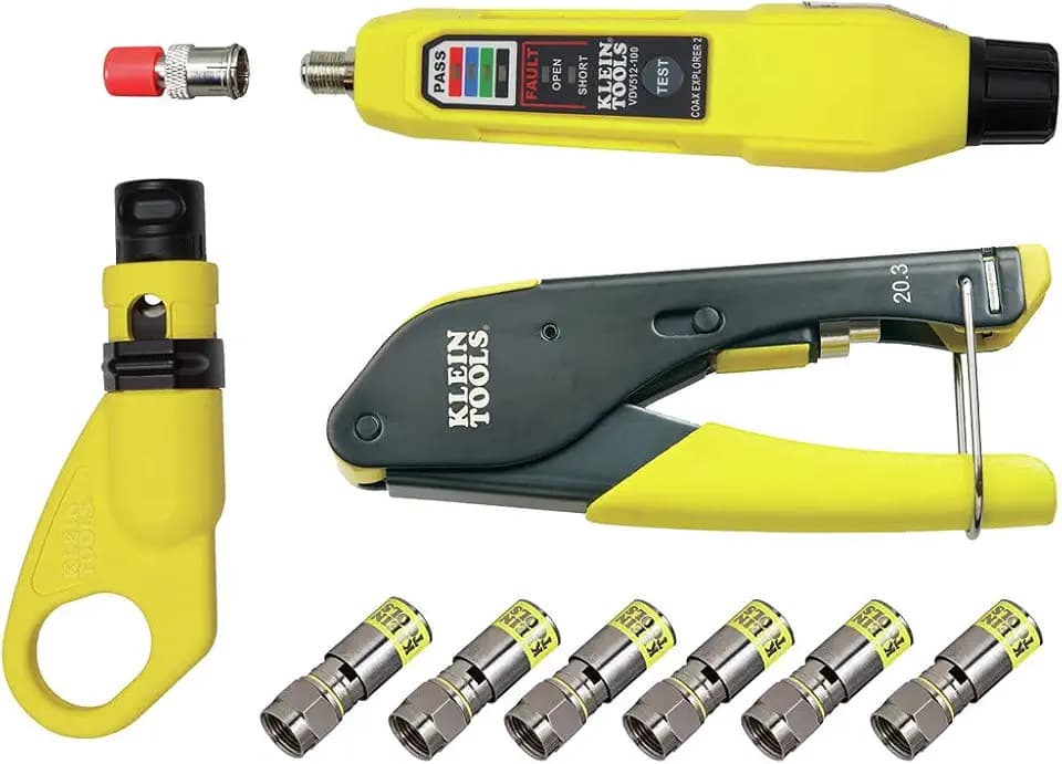 Klein Tools VDV002-818 Coax Install and Test Kit with Crimp Tool, Includes Tester, Stripper and Universal F Connectors