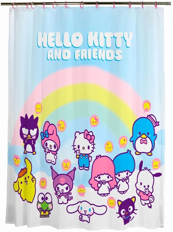 Franco Sanrio Hello Kitty & Friends Shower Curtain with Hooks Set, 72” x 72”, Machine Washable, Kawaii Bathroom Decor, (Officially Licensed Product)
