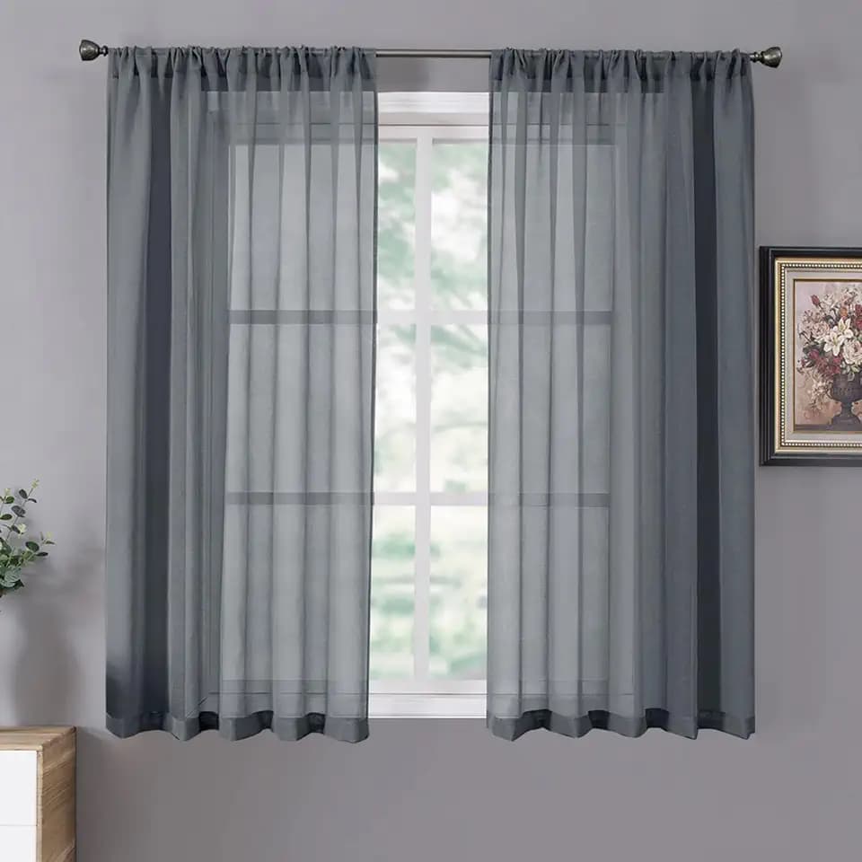 Tollpiz Short Sheer Curtains Linen Textured Living Room Curtain Sheers Light Filtering Rod Pocket Voile Curtains for Bedroom, 42 x 45 inches Long, Dark Grey, Set of 2 Panels