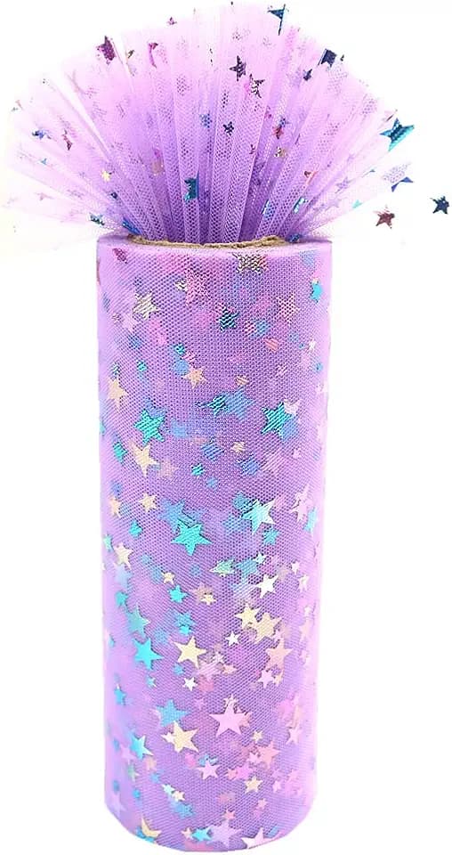 DADAXIE 6 Inch x 10 Yards Colorful Stars Glitter Tulle Roll Netting Fabric Ribbon Spool Sewing Ribbon Gradient Craft Ribbon for Table Chair Sash Bow Christmas Wedding Birthday Baby Shower (Purple)