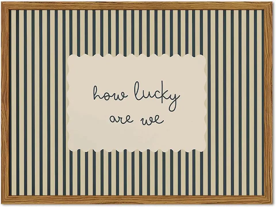 How Lucky Are We Wall Art, Vintage Navy Blue Striped Quote Wall Decor Picture, Trendy Preppy Inspirational Painting Canvas Prints Minimalist Artwork for Living Room Bedroom 16x24 inch Framed