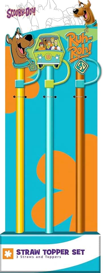Spoontiques Scooby Doo Straw Topper Set, 3 Pack - 12.5”, BPA-Free Straws w/Silicone Charm Topper, Ideal for Water Bottles, Travel Mugs, Tumblers