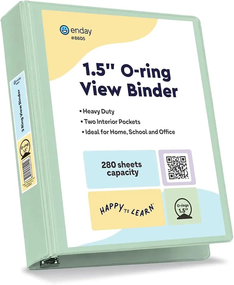 Enday 1.5 Inch Binder, Green - 1.5 Inch 3 Ring Binder, Round Ring Pastel with Clear View Cover for Letter Size 8.5 x 11'' Paper & 2 Inside Pockets, Ideal for School Supplies, Office, and Home