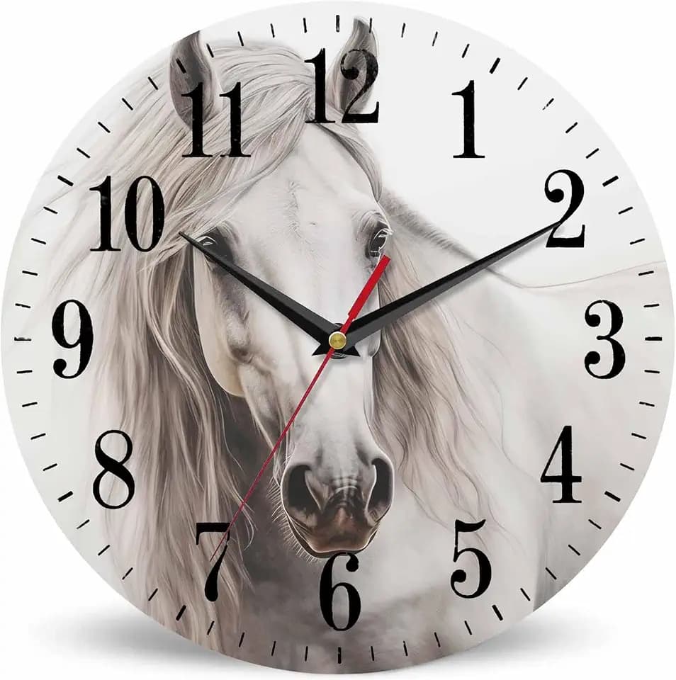 Mxocom White Horse Portrait Wall Clock Classical Oil Horse with Smooth Skin and Fur 10 Inch Silent Non Ticking Battery Operated Clock Vintage Round Clock for Living Room Bedroom Bathroom Office Decor