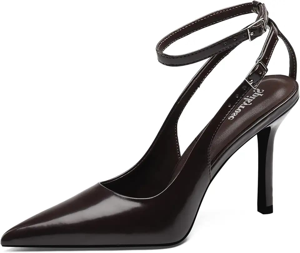 Women's Pointed Toe Heels Polished Brush-off Leather Stiletto Pumps Double Ankle Strap Slingback Wedding Dress Shoes