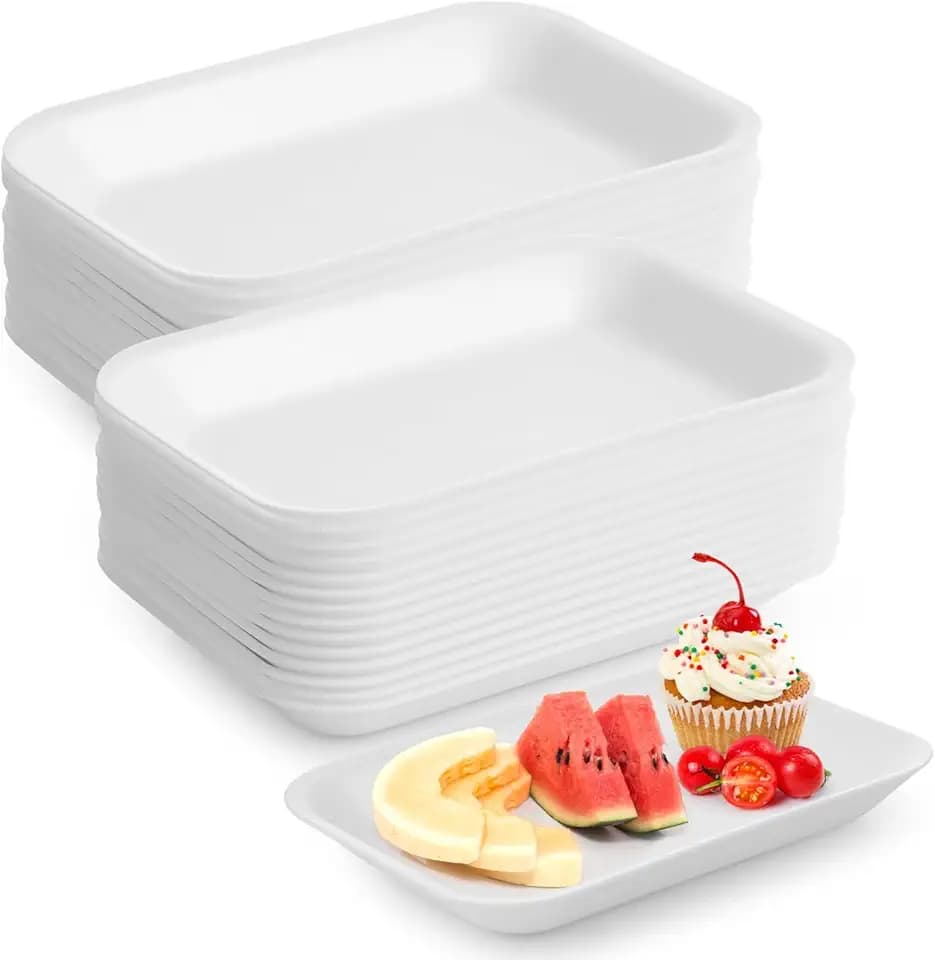 100 Pcs Crafts Foam Trays, White Foam Supermarket Disposable Poultry Meat Fruit Trays, BBQ Grill Roast Food Plates, Rectangle DIY Craft Painting Trays for Printmaking DIY Handicraft (8 x 4.7 x 1 in)
