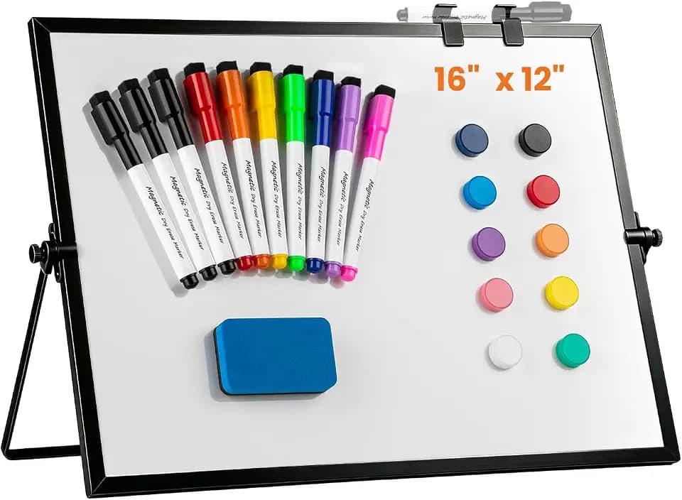 Dry Erase WhiteBoard, Aisuoker 16 x 12inch Magnetic Desktop Whiteboard with Stand, 10 Markers, 10 Magnets and 1 Eraser, Portable Double-Sided White Board for Kid Drawing Memo to Do and List Wall-Black