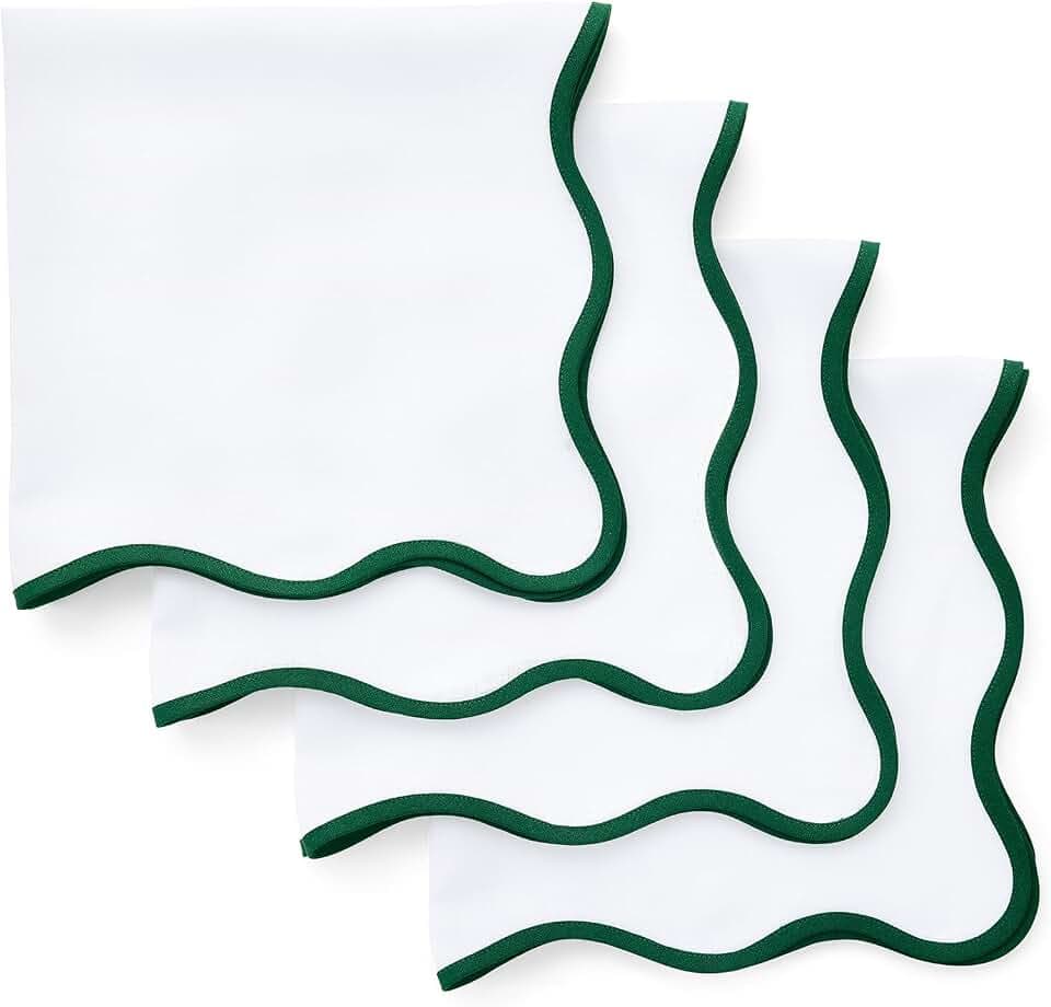 Solino Home 100% Pure Linen Napkins, 20 x 20 in, Green and White, Set of 4