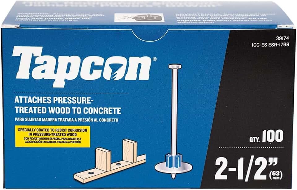 Tapcon 2-1/2 Inch Corrosion Resistant Powder Actuated Drive Pin, 100 PCS, with Washer, for Pressure Treated Wood, Made in the USA, Compatible with Tapcon T22, TP22, HS22, & SA27 Powder Actuated Tools