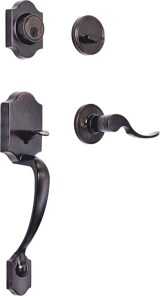 Amazon Basics Front Door Lock Set, Handleset with Shelby Lever, Single Cylinder, Easy to Install, Oil Bronze, Grade-3 Security