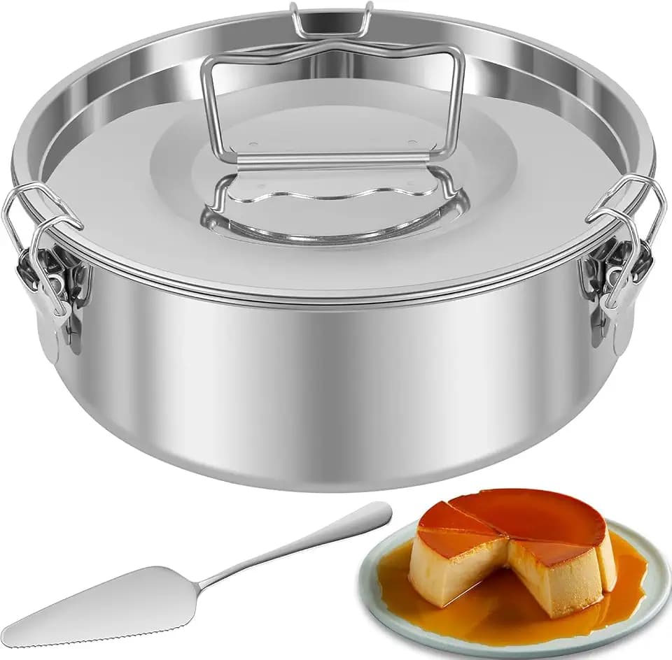 Flan Mold with Lid & Handle, 1.5Qt Stainless Steel Flan Pan Mold with Spatula, Large Capacity Para Flan Maker Container, Portable Round Cake Baking Flan Maker for 6-8QT Pot Making Cheese Cake Pudding