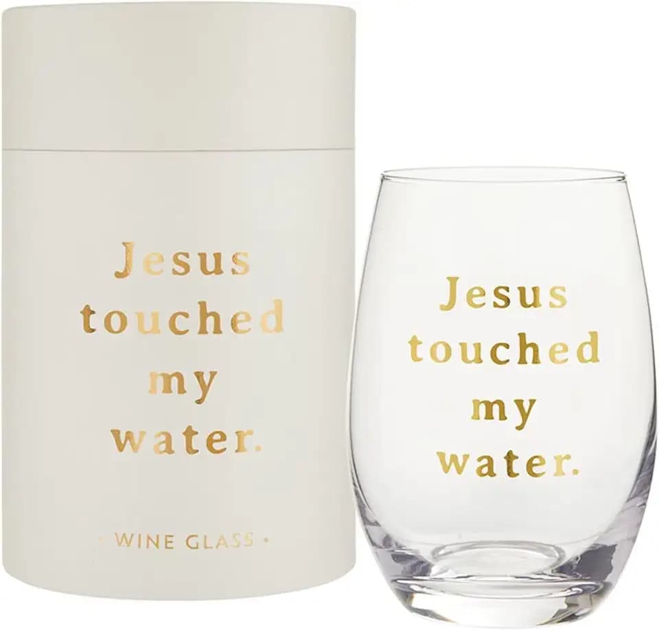 Santa Barbara Design Studio Gift Boxed Wine Glasses Gold Foil Stemless Wine Glass, 17-Ounce, Jesus Touched My Water