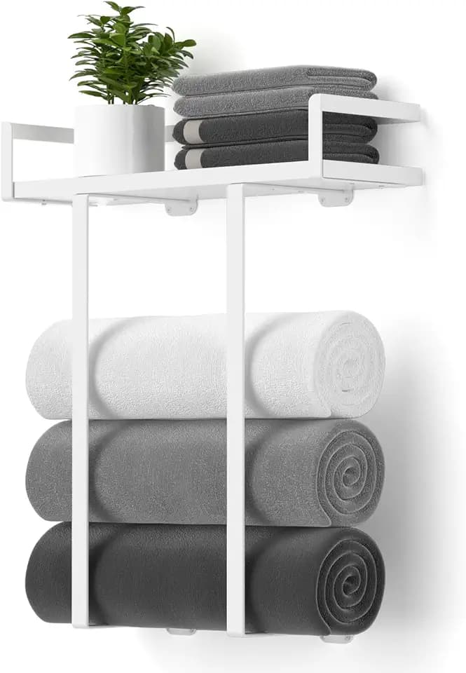 Towel Racks for Bathroom Wall Mounted, Xstydes Metal Towel Holder with Wooden Shelf for Folding Large Towels, Towel Storage for Small Bathroom Organizer Decor or RV Camping,White