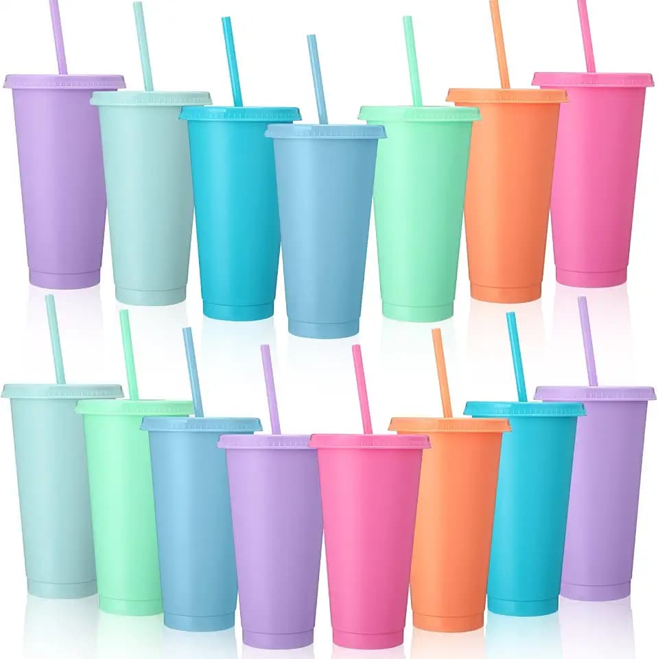 Honeydak 15 Pack Plastic Cups with Lids Straws,Macaron Color