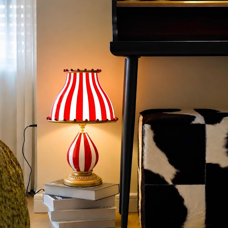 Circus-Inspired Table Lamp, Dimmable Large Metal Decorative Bedside Lamp Desk Lamp for Bedroom or Livingroom, Red & White Striped Design Plug