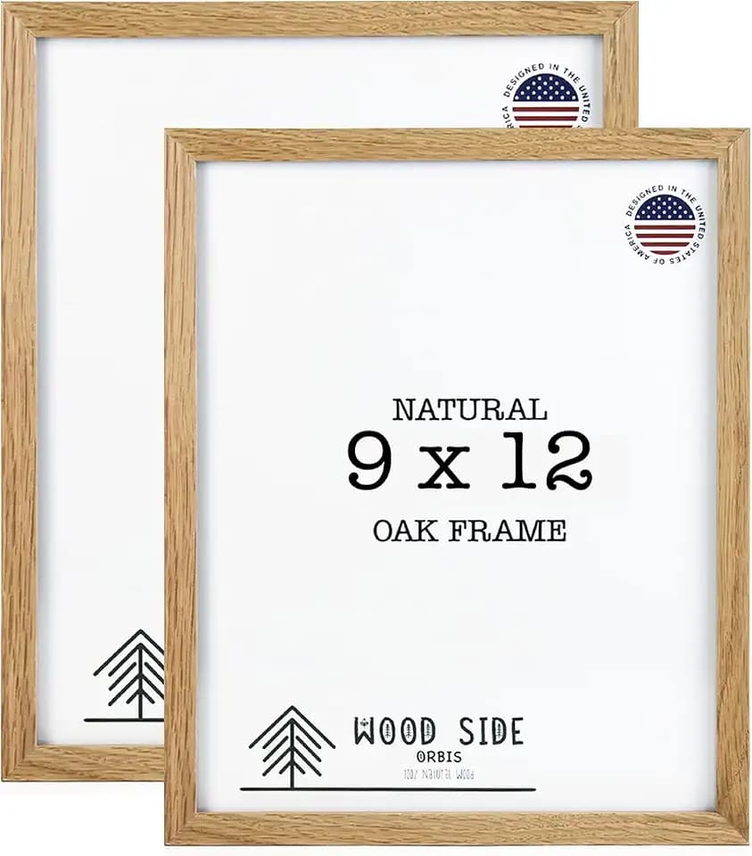 Oak Wood Picture Frames 9x12 - Set of 2 - Natural Solid Wood Photo Frame Real Glass Wall Mount Tabletop