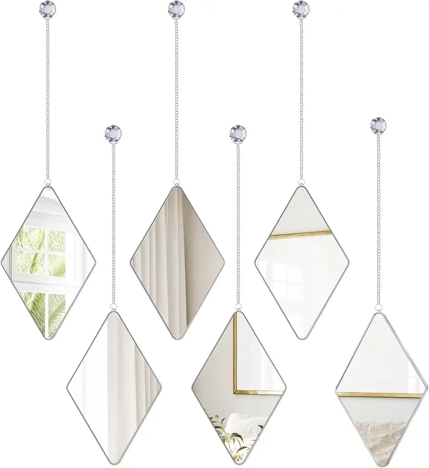 Suzile Diamond Wall Mirror Set with Hanging Diamond Handle Chain, Silver