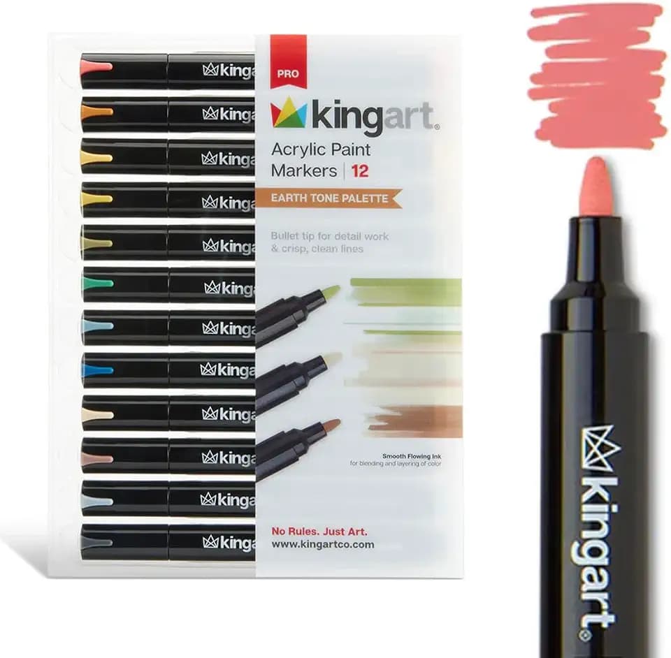 KINGART PRO 12-Piece Acrylic Paint Marker Set – 2mm Bullet Tip – Earth Tone Colors – Smooth Opaque Water-Based Paint Pens for Canvas, Rock, Wood, & Ceramic – Professional Art Markers