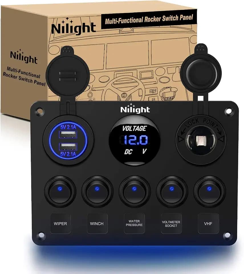 Nilight 5 Gang Multi-Function Rocker Switch Panel On Off Toggle Blue