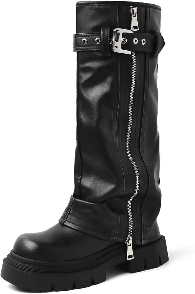 YIYA Women's Platform Fold Over Biker Knee High Boots Belt Buckle Square Toe Chunky Heel Zipper Tall Motorcycle Long Combat Boots