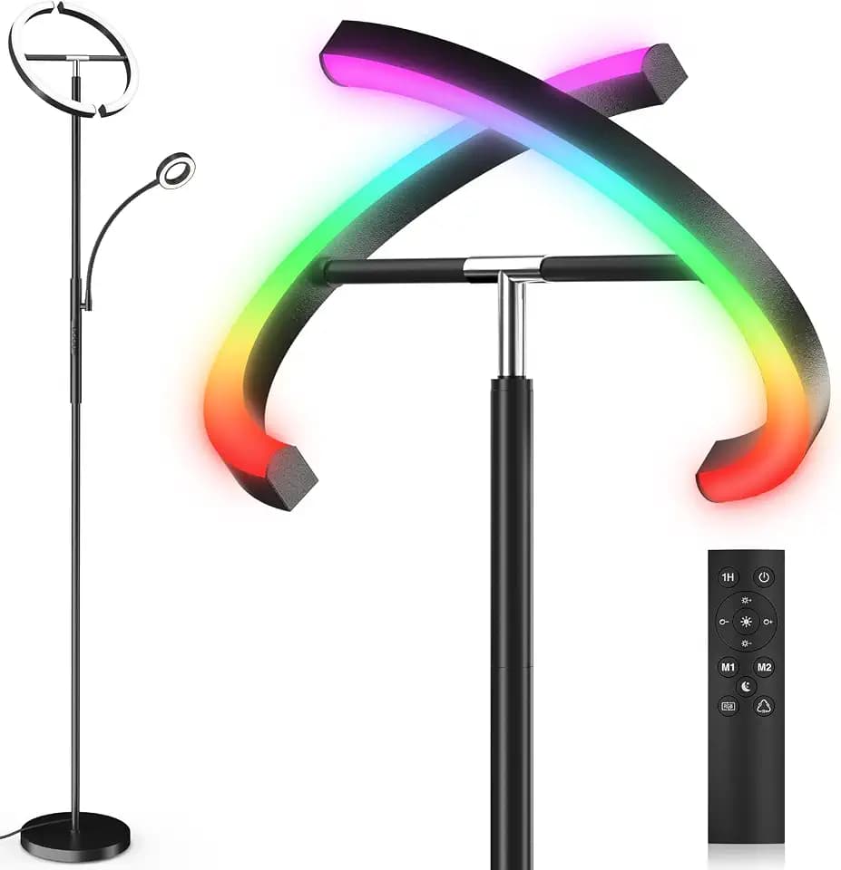 SIBRILLE Upgraded RGBCW Floor Lamp with Reading Lamp, Rotatable Remote Control LED Standing Lamp Dimmable Floor Light Modern Standing Light for Living Room Bedroom Home Office, 36W, Black