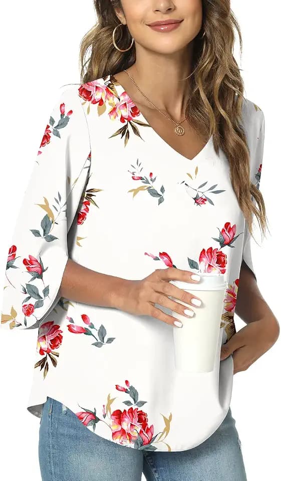 TAOHUADAO Womens 2026 Summer 3/4 Sleeve Tunic Tops Chiffon Work Blouse V-Neck Dressy Casual Shirt