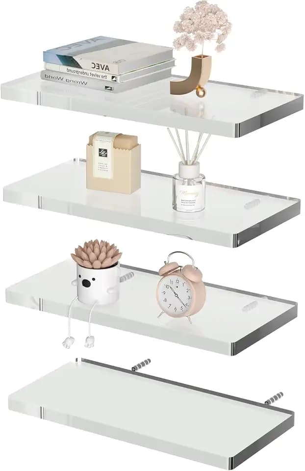 4 Tier Acrylic Floating Shelves for Wall 15.5 Inch Clear Invisible Storage Set Wall Mounted Organizer for Bathroom Kitchen Living Room Bedroom Holds 15lbs