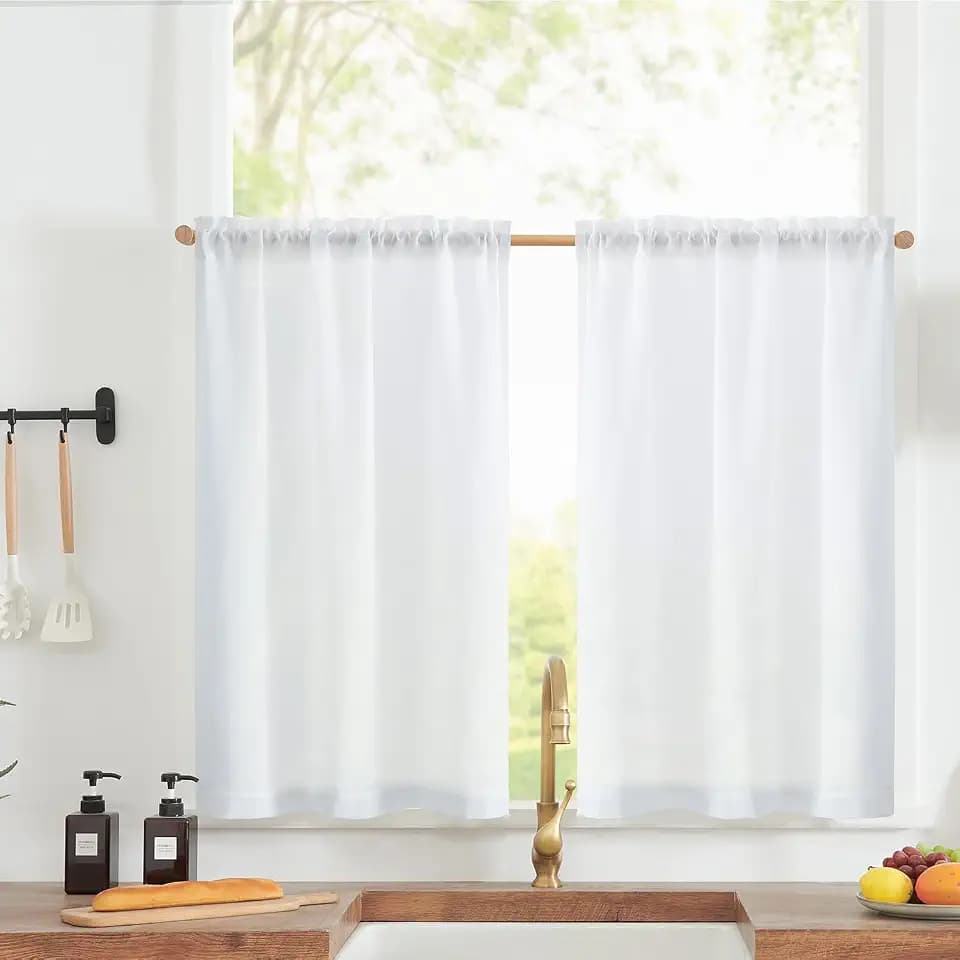jinchan Linen Blend Kitchen Tier Curtains, 24 Inch, White, 2 Panels