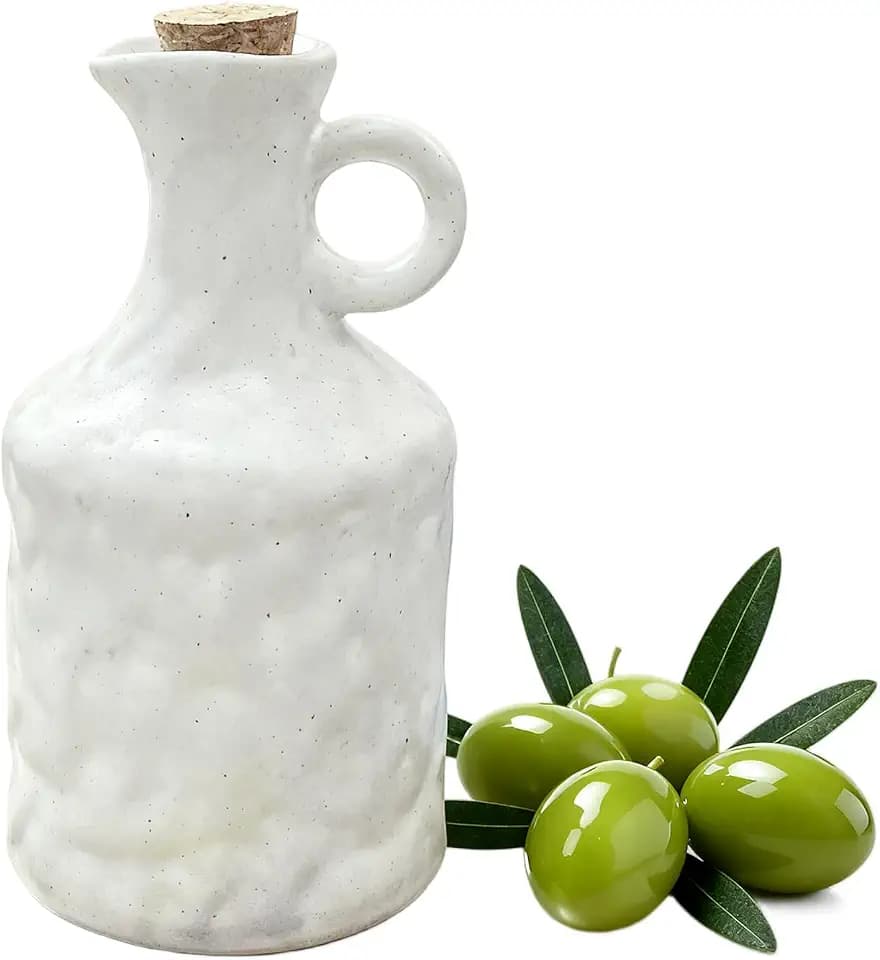 White Ceramic Olive Oil Dispenser with Cork Stopper 13.5 Oz Hand crafted