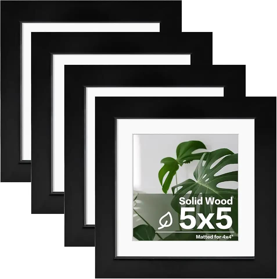Egofine 5x5 Picture Frames Set of 4, Made of Solid Wood Covered by Plexiglass Display 4x4 with Mat or 5x5 without Mat, for Table Top Display and Wall Mounting Photo Frame, Black