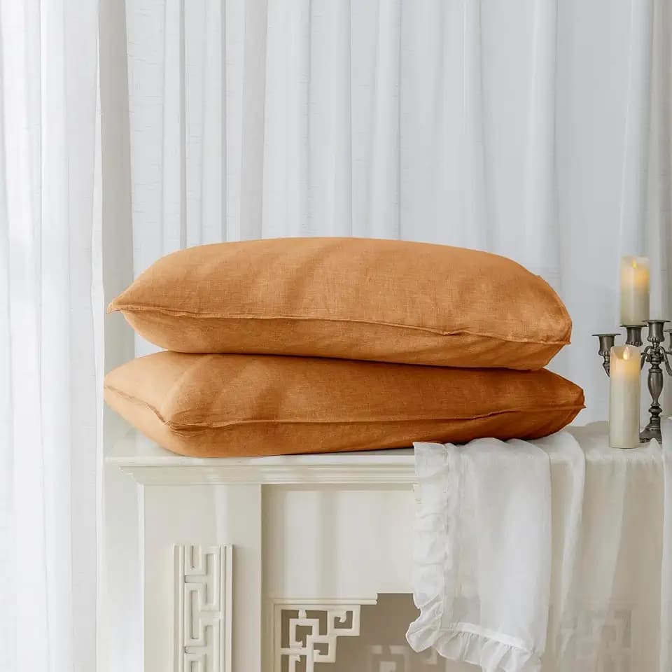 EVERLY 100% Linen Pillowcases Set of 2, Envelope Overlap Closure French Natural Washed Flax Pillowcases 26x26inches-Caramel