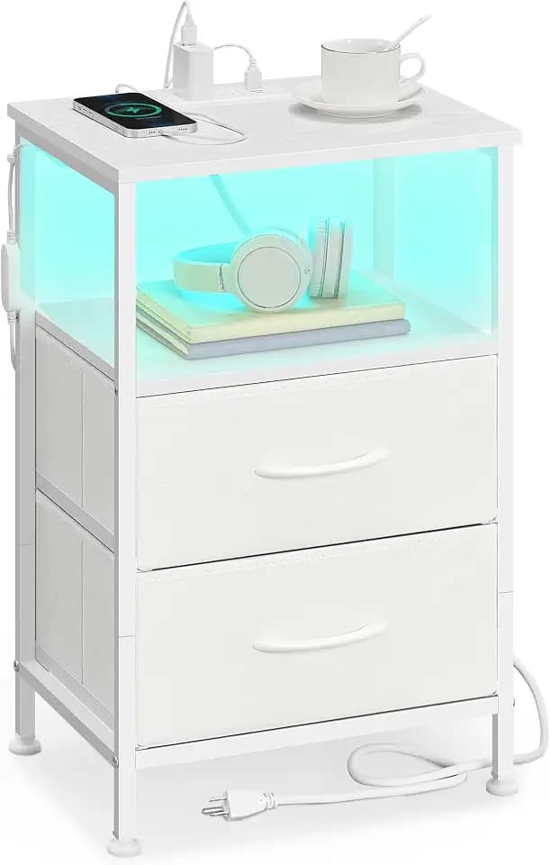 SONGMICS Nightstand with Charging Station, 2 Fabric Drawers