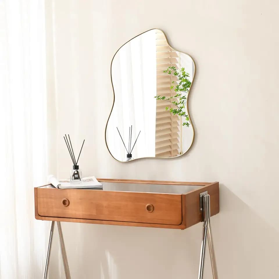 Irregular Wall Mirror Gold Wave Shaped Metal Framed Wall Mirror for Bathroom Bedroom Entryway Living Room Wall Decor 28" L x 20" W 2304Gold